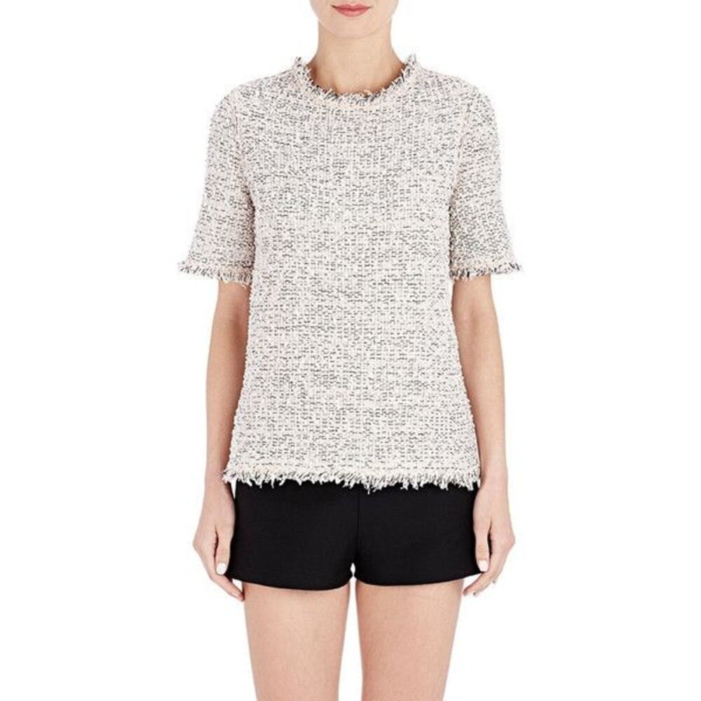 BALENCIAGA Pink Tweed Short Sleeve Top 38 Silk Cotton Fringe Hem Shirt Paris M